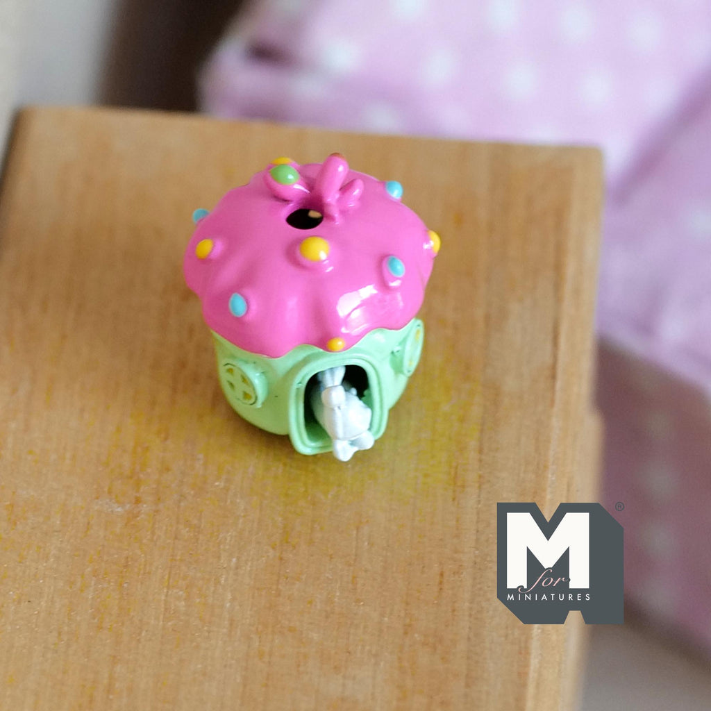 Miniature Fairy Mushroom House with White Bunny 1:12 Scale Dollhouse Garden Accessory 3/4 inch tall (red/blue) - C030