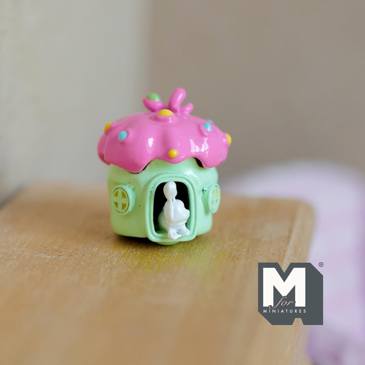 Miniature Fairy Mushroom House with White Bunny 1:12 Scale Dollhouse Garden Accessory 3/4 inch tall (red/blue) - C030