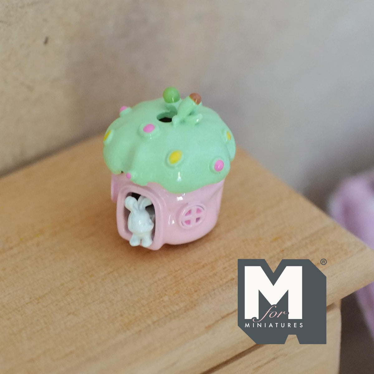 Miniature Fairy Mushroom House with White Bunny 1:12 Scale Dollhouse Garden Accessory 3/4 inch tall (pink/green) - C030