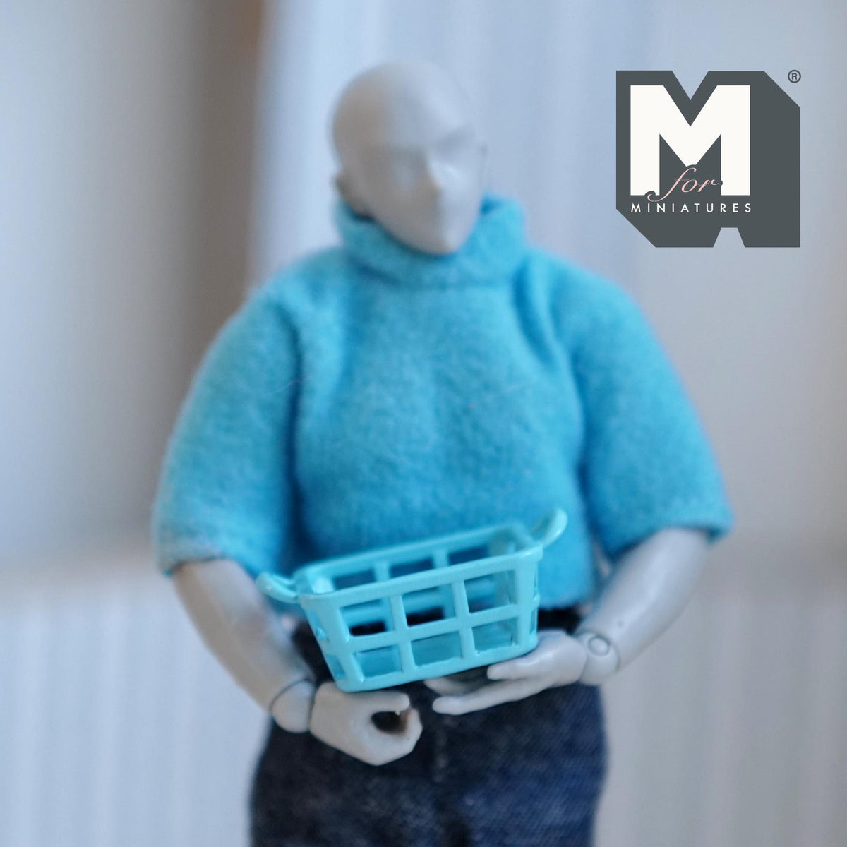 Miniature Blue Laundry Basket with Handles 1:12 Scale Dollhouse Storage Crate Diorama Accessory 1-3/16 inch long - F029