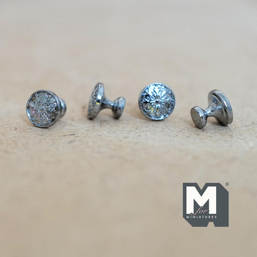 1:12 Scale Miniature Silver Glossy Medallion Cabinet Knobs, Set of 4, 1/4 inch