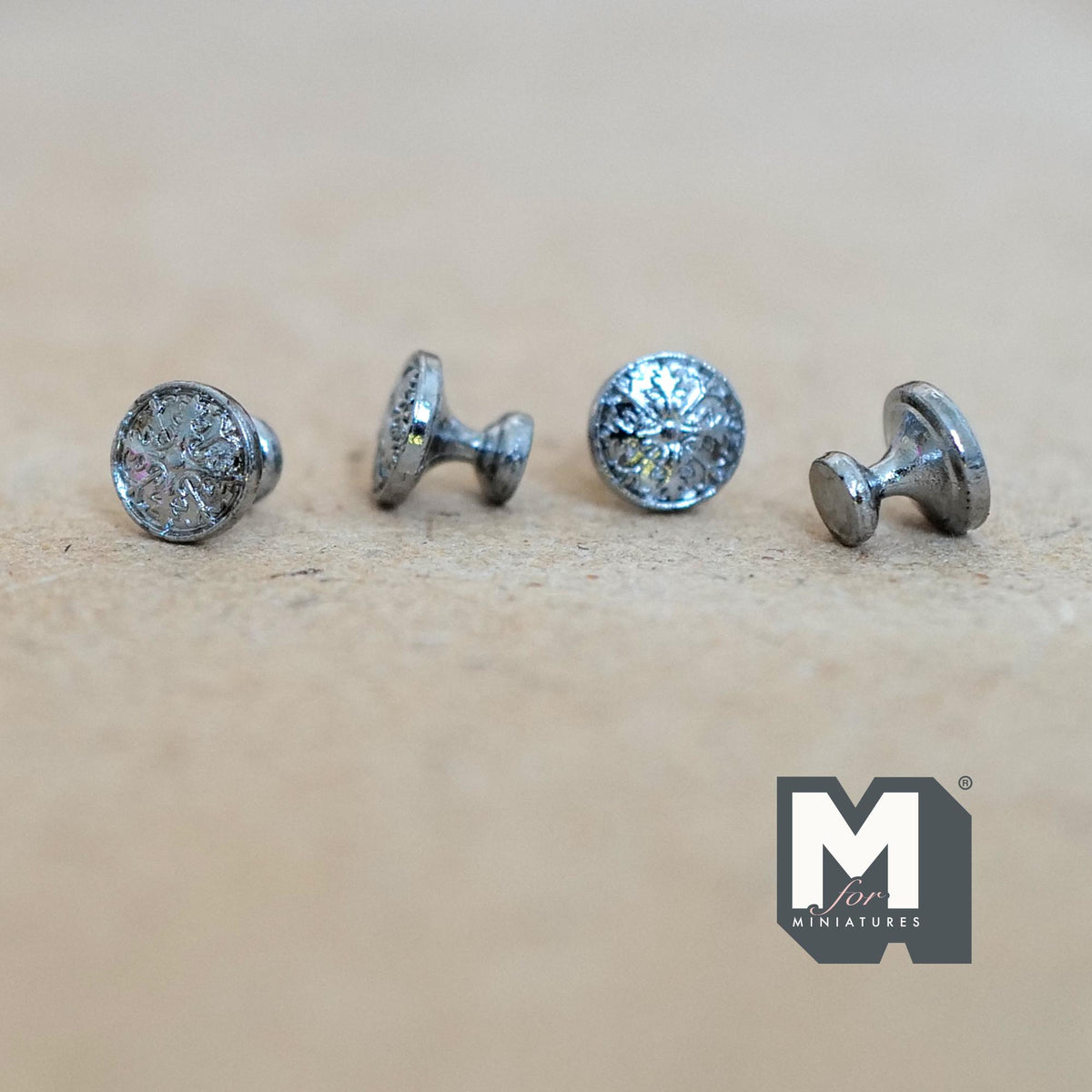 1:12 Scale Miniature Silver Glossy Medallion Cabinet Knobs, Set of 4, 1/4 inch