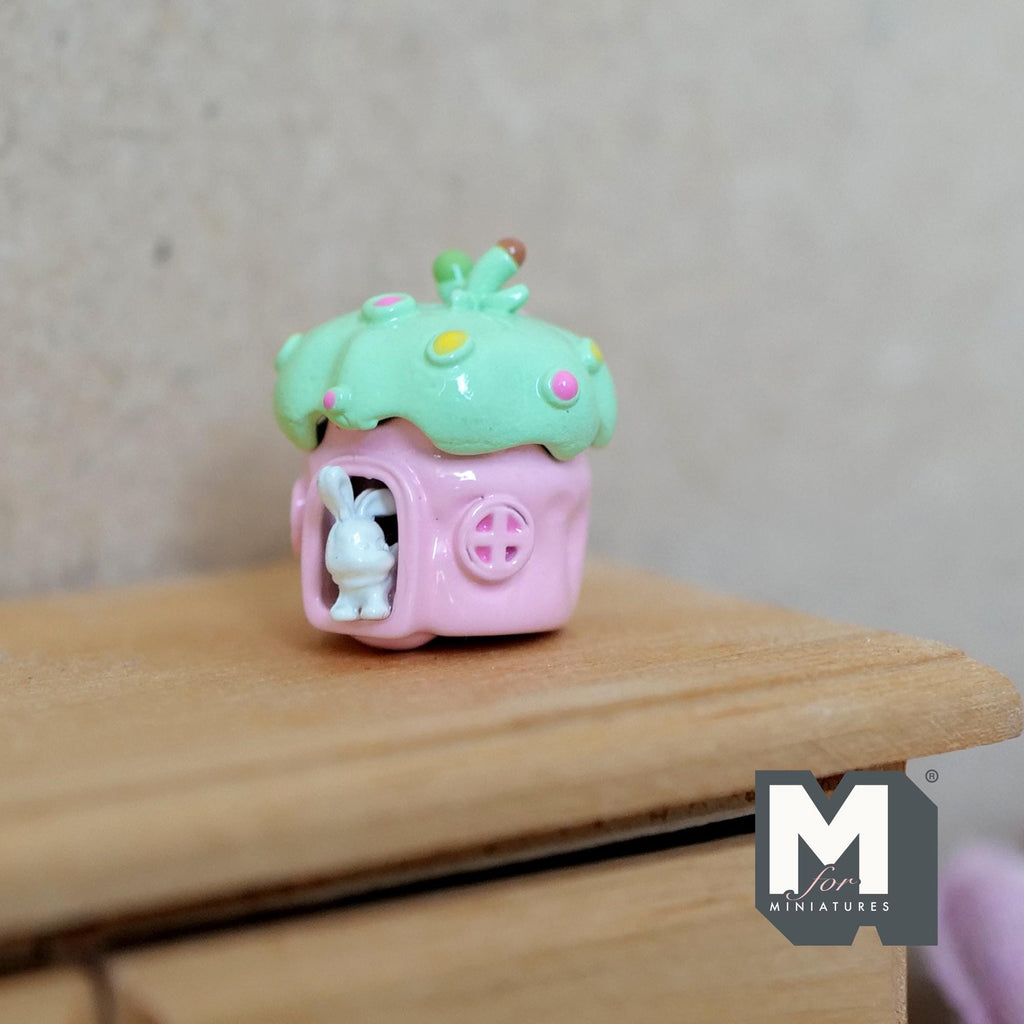 Miniature Fairy Mushroom House with White Bunny 1:12 Scale Dollhouse Garden Accessory 3/4 inch tall (pink/green) - C030