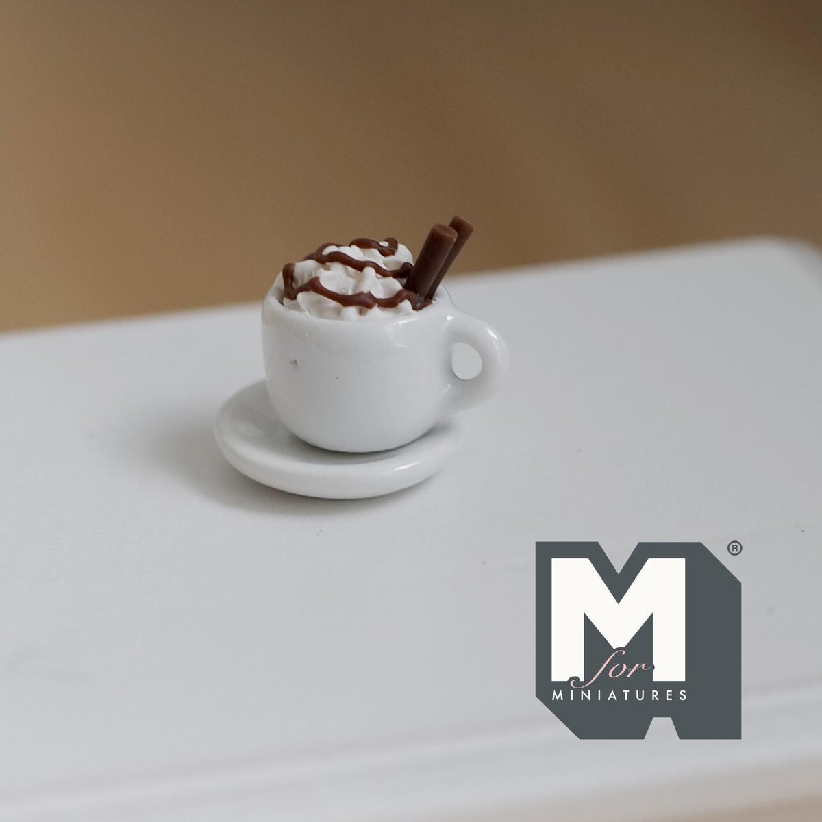Miniature Hot Chocolate with 2 Chocolate Rolls and Saucer 1:12 Scale Diorama Beverage Dessert - E090