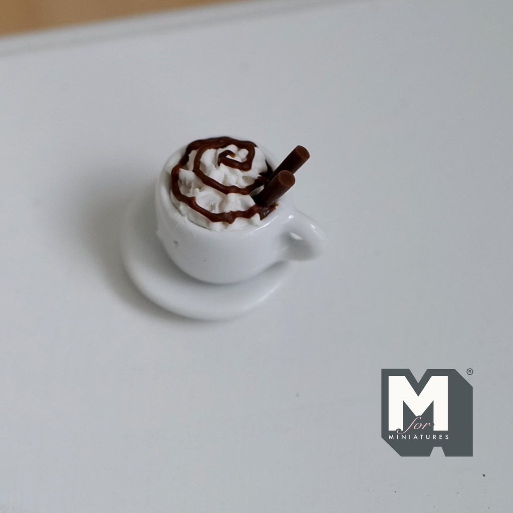 Miniature Hot Chocolate with 2 Chocolate Rolls and Saucer 1:12 Scale Diorama Beverage Dessert - E090