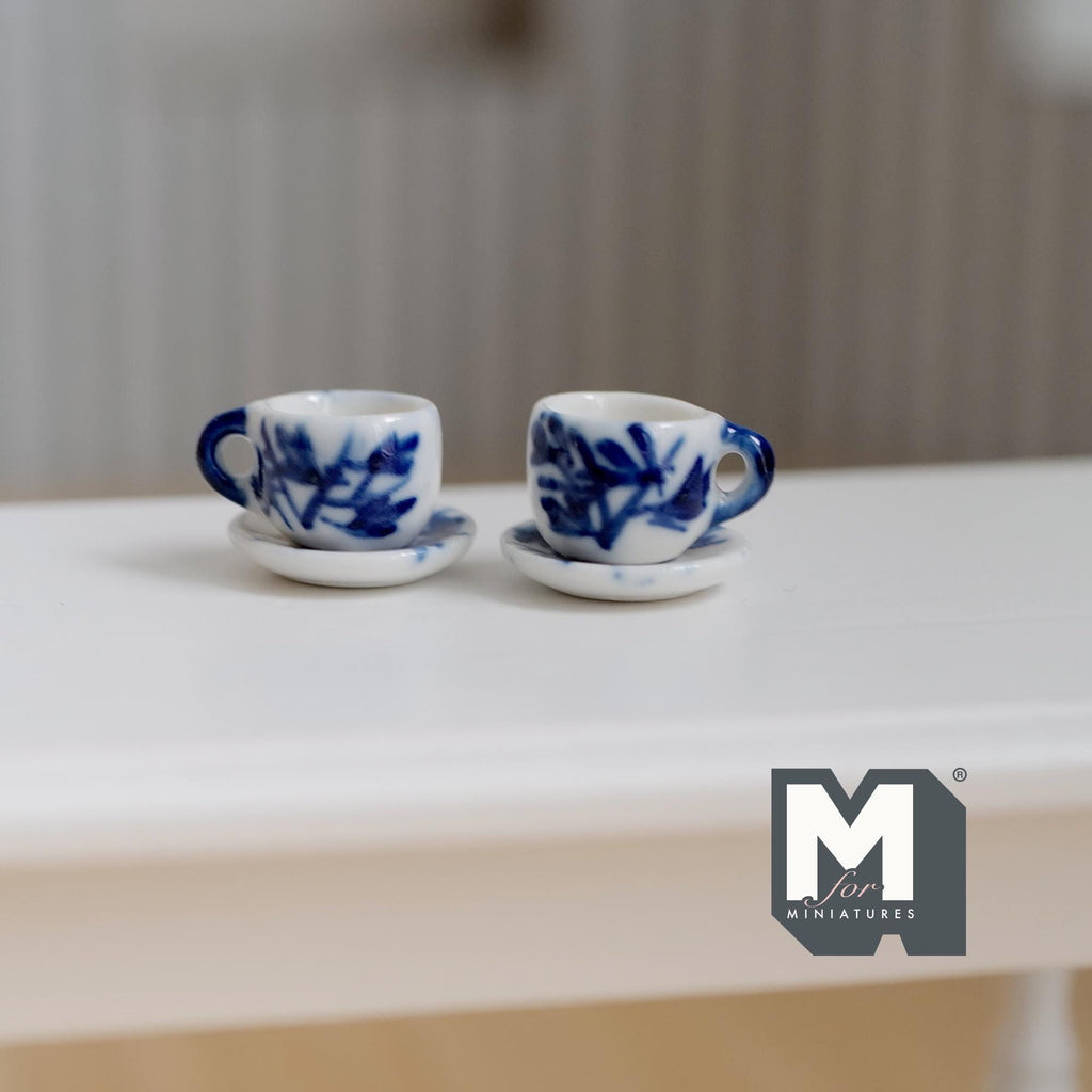 Miniature Ceramic Cups and Saucers 1:12 Scale Dollhouse Kitchen Tableware Set of 4 Pieces - A076