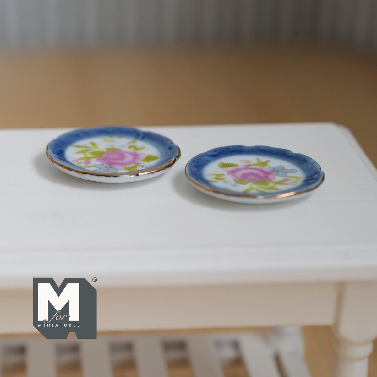 Miniature Ceramic Plates Printed Flowers 1:12 Scale Dollhouse Kitchen Tableware Set of 2 , 1 inch dia. - A034