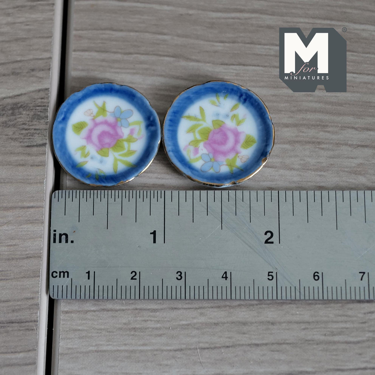 Miniature Ceramic Plates Printed Flowers 1:12 Scale Dollhouse Kitchen Tableware Set of 2 , 1 inch dia. - A034