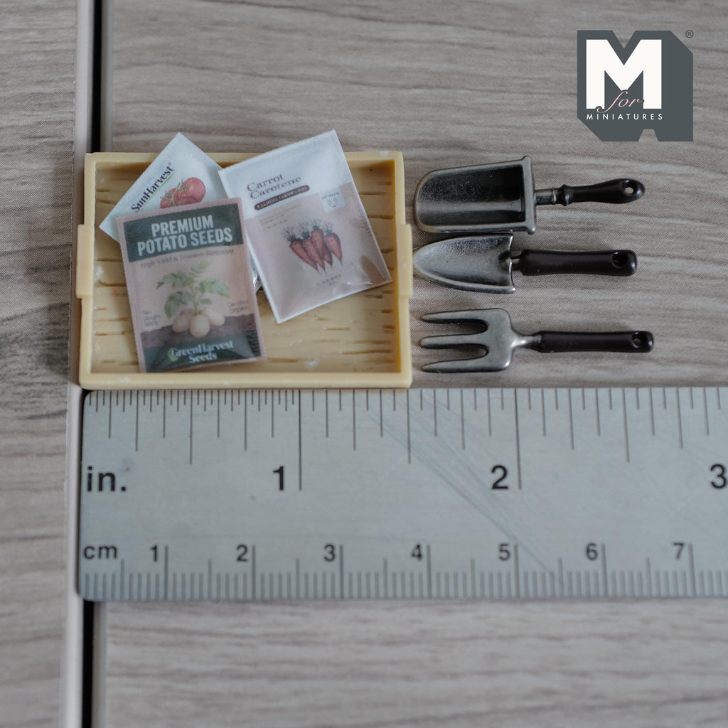 Miniature Gardening Tray with Seed Packets and Tools, Dollhouse Garden Accessories, Tiny Planting Kit, Spring Diorama Decor (style A) - B085