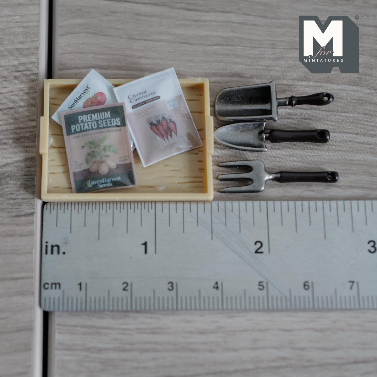 Miniature Gardening Tray with Seed Packets and Tools, Dollhouse Garden Accessories, Tiny Planting Kit, Spring Diorama Decor (style A) - B085