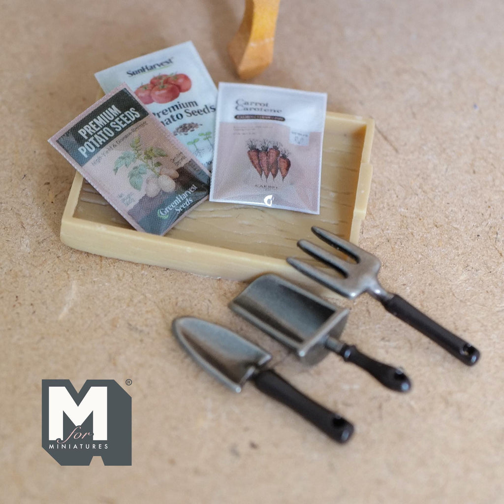 Miniature Gardening Tray with Seed Packets and Tools, Dollhouse Garden Accessories, Tiny Planting Kit, Spring Diorama Decor (style A) - B085