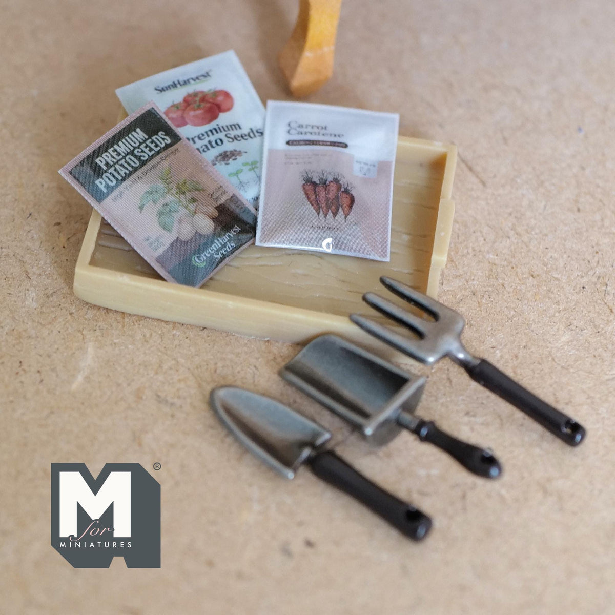 Miniature Gardening Tray with Seed Packets and Tools, Dollhouse Garden Accessories, Tiny Planting Kit, Spring Diorama Decor (style A) - B085