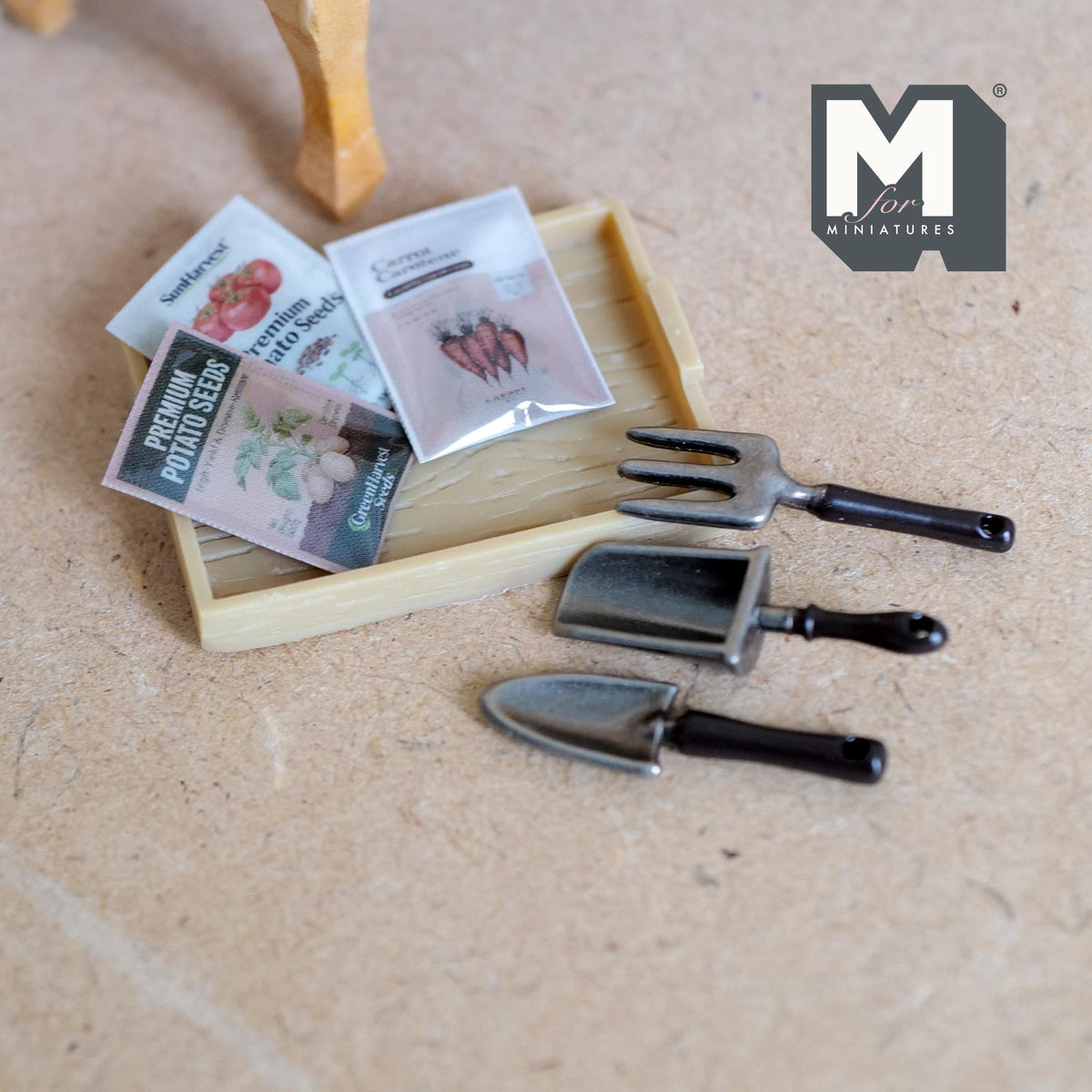 Miniature Gardening Tray with Seed Packets and Tools, Dollhouse Garden Accessories, Tiny Planting Kit, Spring Diorama Decor (style A) - B085