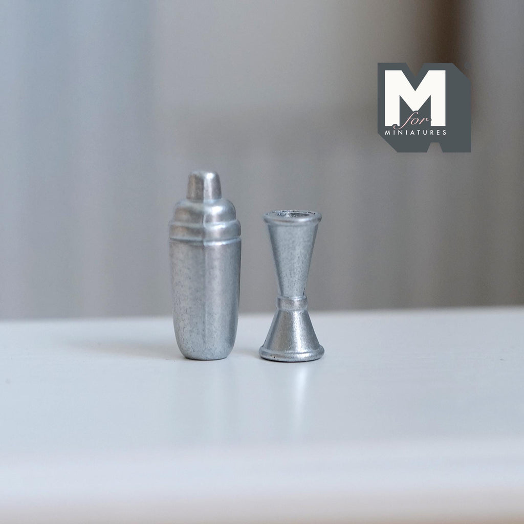 Miniature Cocktail Shaker and Jigger 1:12 Scale Dollhouse Bar Tools Set of 2 (Metal) - F063
