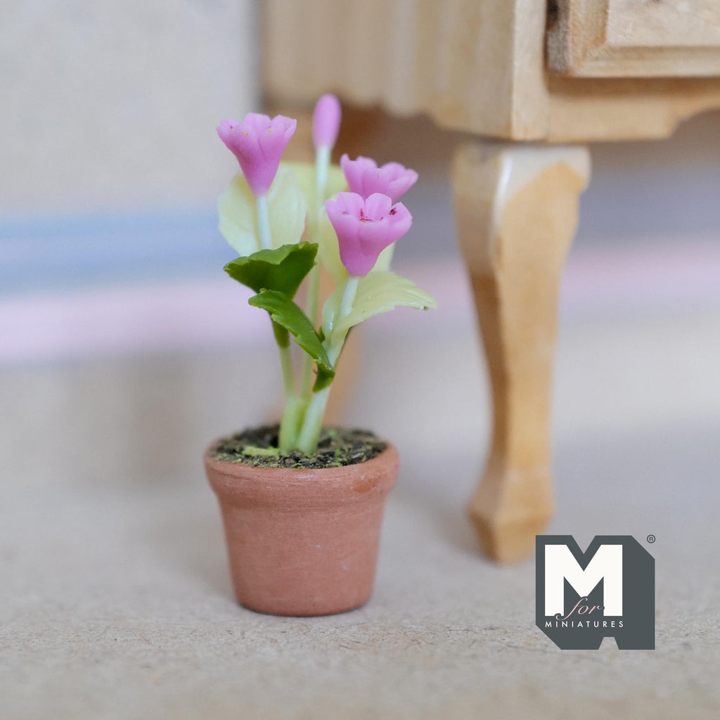 Miniature Clay Planter Pot Pink Flowers 1:12 Scale Miniature Potted Flowers Dollhouse Potted Flowers 1-7/16 inch tall - H032