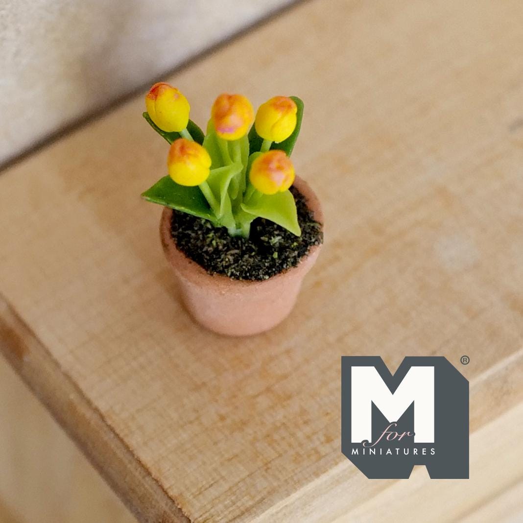 Miniature Clay Planter Yellow Tulip 1:12 Scale Miniature Potted Flowers Dollhouse Potted Flowers Miniature Flowers 1-1/4 inch tall - H031