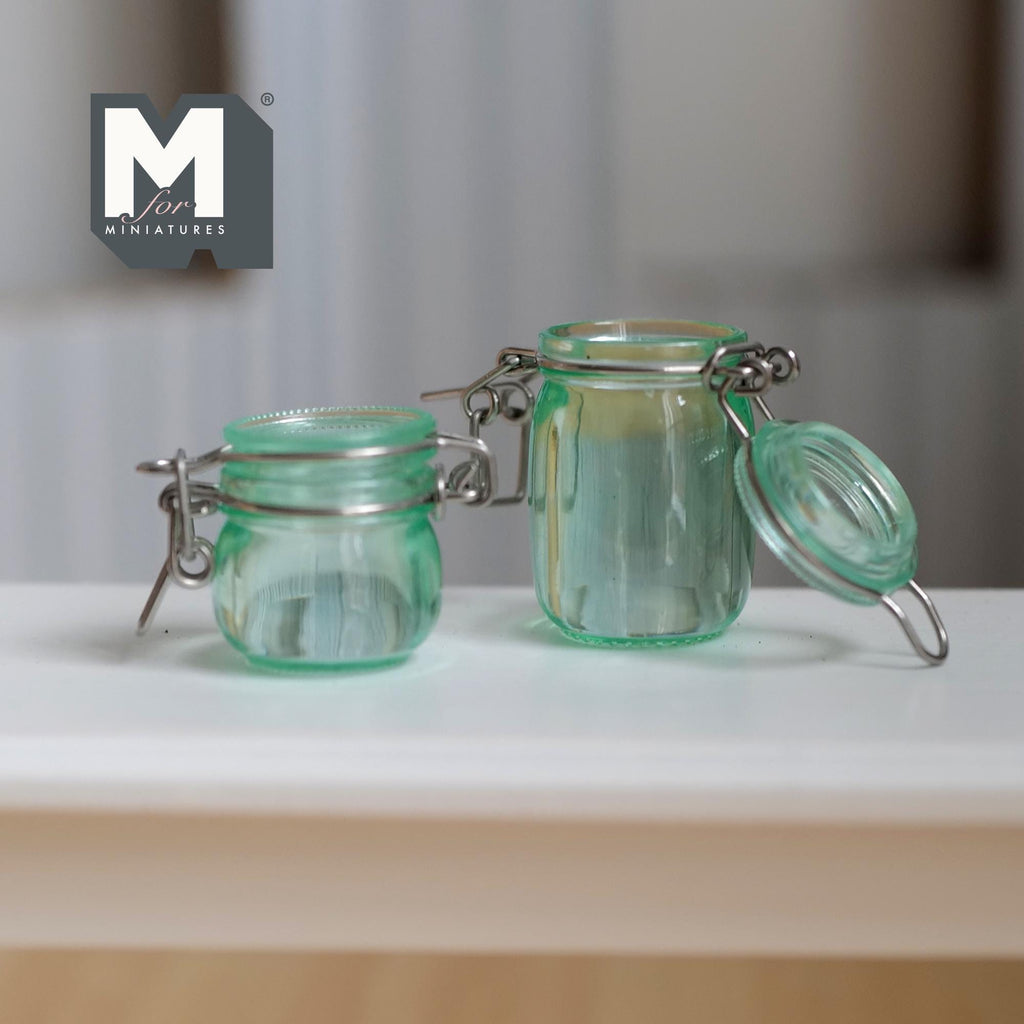 Miniature Storage Jars 1:12 Scale Dollhouse Kitchen Large Size Canisters with Clamp Lids Set of 2 (clear green) -  A025