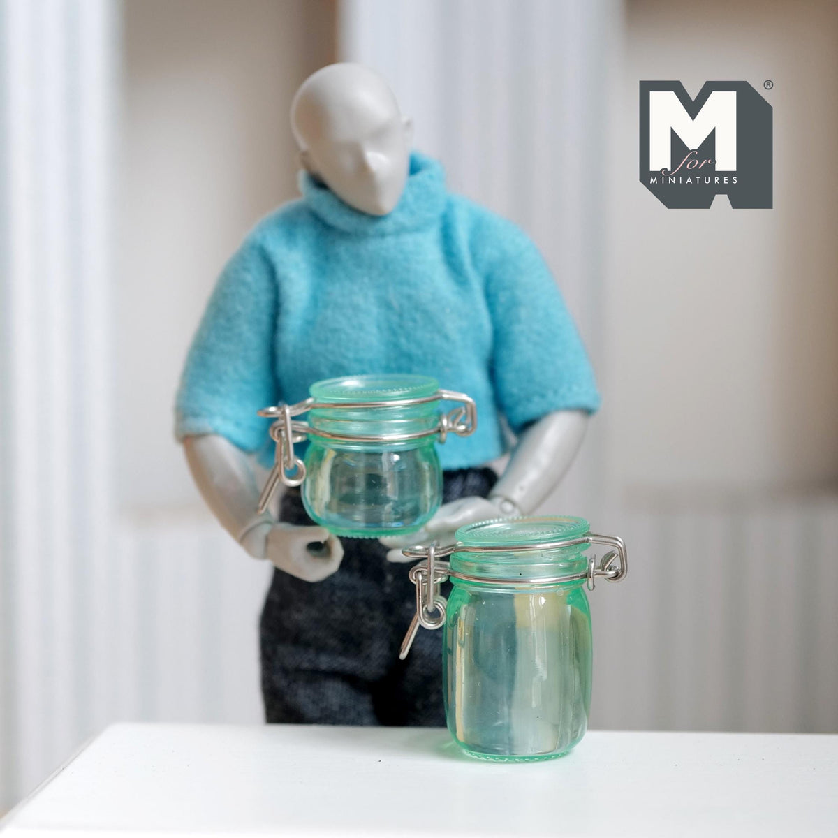 Miniature Storage Jars 1:12 Scale Dollhouse Kitchen Large Size Canisters with Clamp Lids Set of 2 (clear green) -  A025