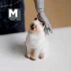1:12 scale miniature sitting fluffy cat with closed eyes, cream with a brown face, shown being petted by a posable figure