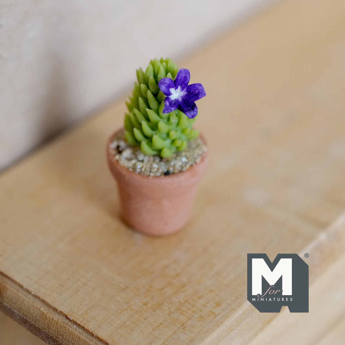 Miniature Cactus in Round Clay Pot 1:12 Scale Dollhouse Garden Purple Flowers Cactus 1 inch tall - H033