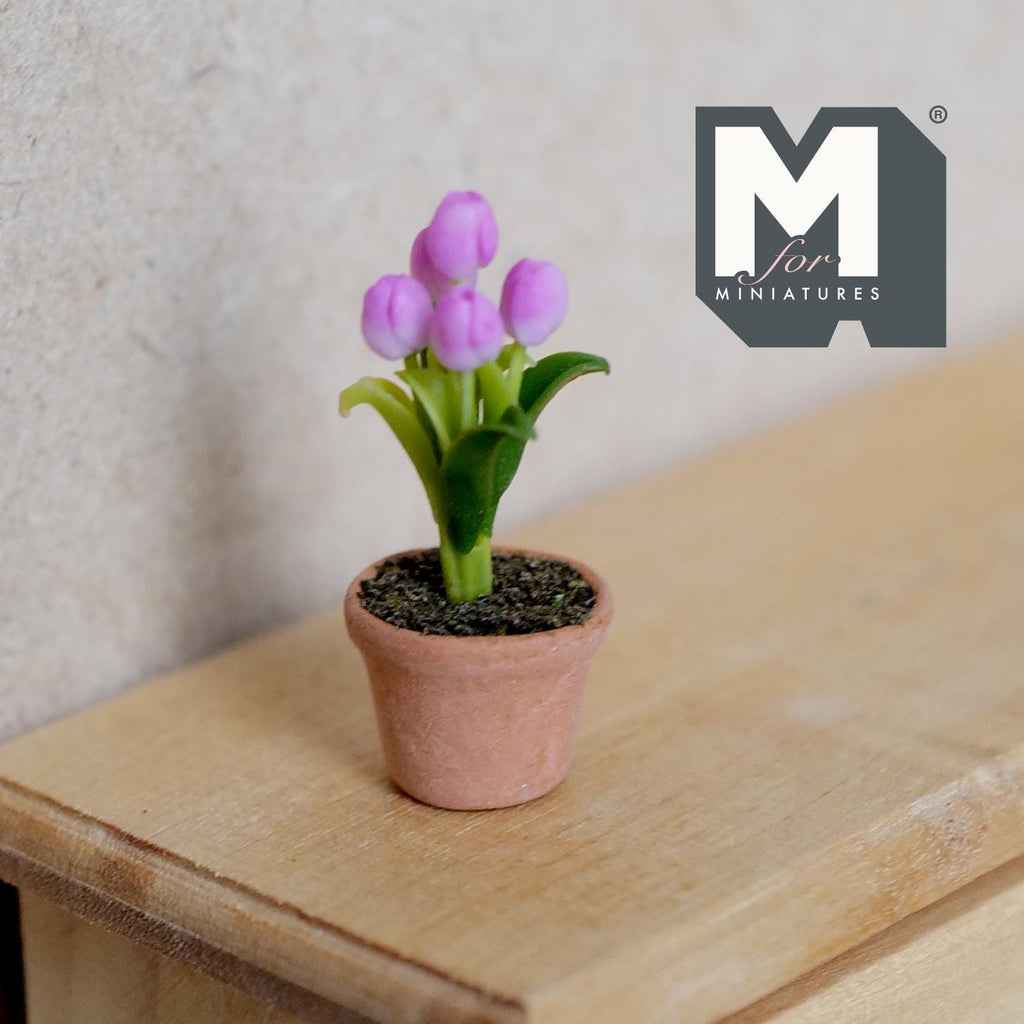 Dollhouse potted purple tulip 1:12 scale dollhouse fairy garden flowers decor 1-5/16 inch tall - H032