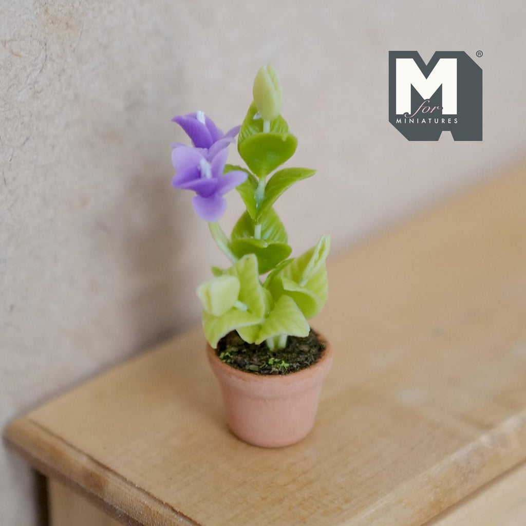 Miniature Clay Planter Purple Campanula 1:12 Scale Dollhouse Fairy Garden Potted Flowers 1-11/16 inch tall - H032