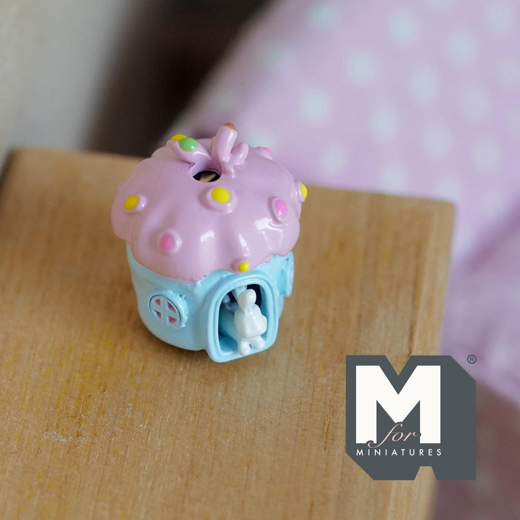 Miniature Fairy Mushroom House with White Bunny 1:12 Scale Dollhouse Garden Accessory 3/4 inch tall (pink/blue) - C030