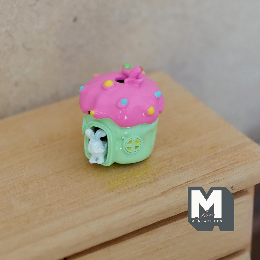 Miniature Fairy Mushroom House with White Bunny 1:12 Scale Dollhouse Garden Accessory 3/4 inch tall (red/blue) - C030
