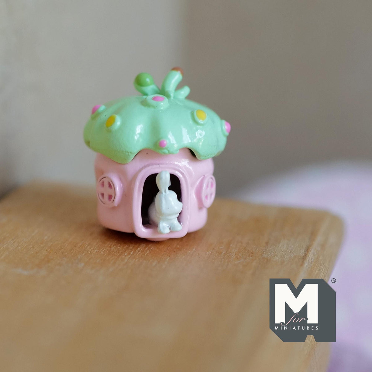 Miniature Fairy Mushroom House with White Bunny 1:12 Scale Dollhouse Garden Accessory 3/4 inch tall (pink/green) - C030