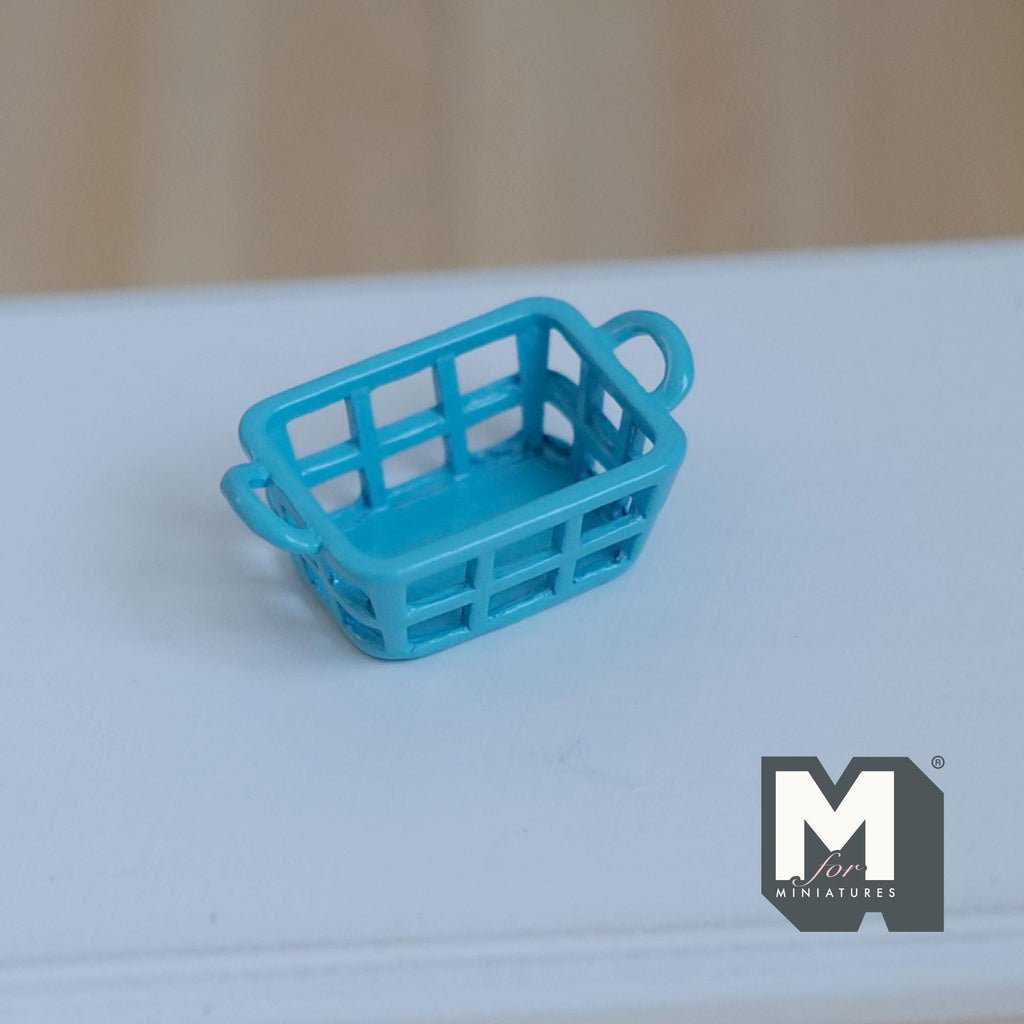 Miniature Blue Laundry Basket with Handles 1:12 Scale Dollhouse Storage Crate Diorama Accessory 1-3/16 inch long - F029