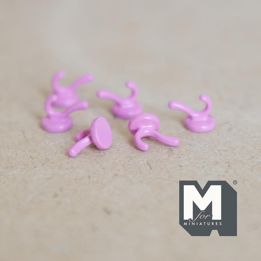 1:12 Scale Miniature Metal Coat Hooks Set of 6, Wall Hangers, Requires Mounting, 1/2 inch wide (pink)