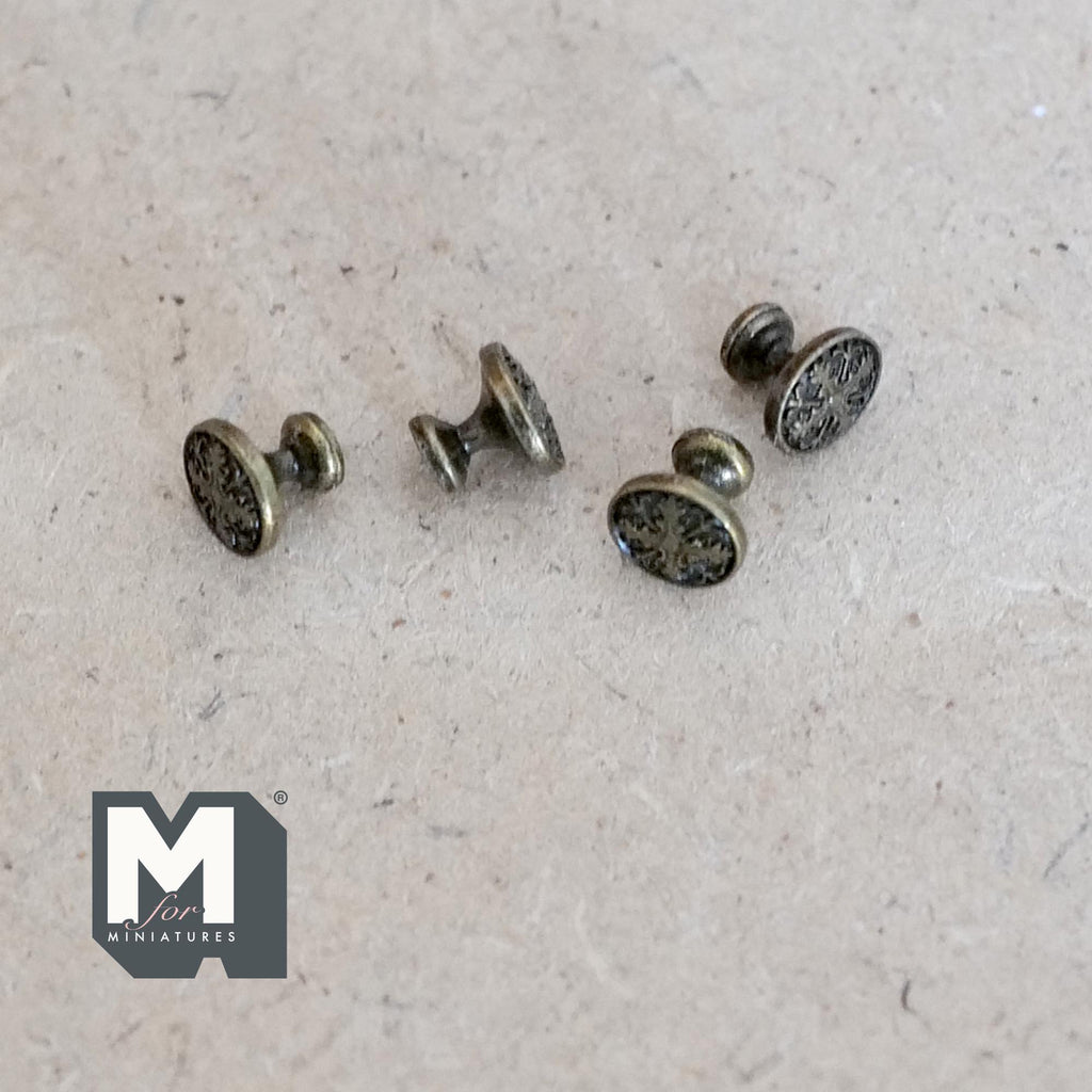 1:12 Scale Miniature Antique Bronze Matte Medallion Cabinet Knobs, Set of 4, 1/4 inch