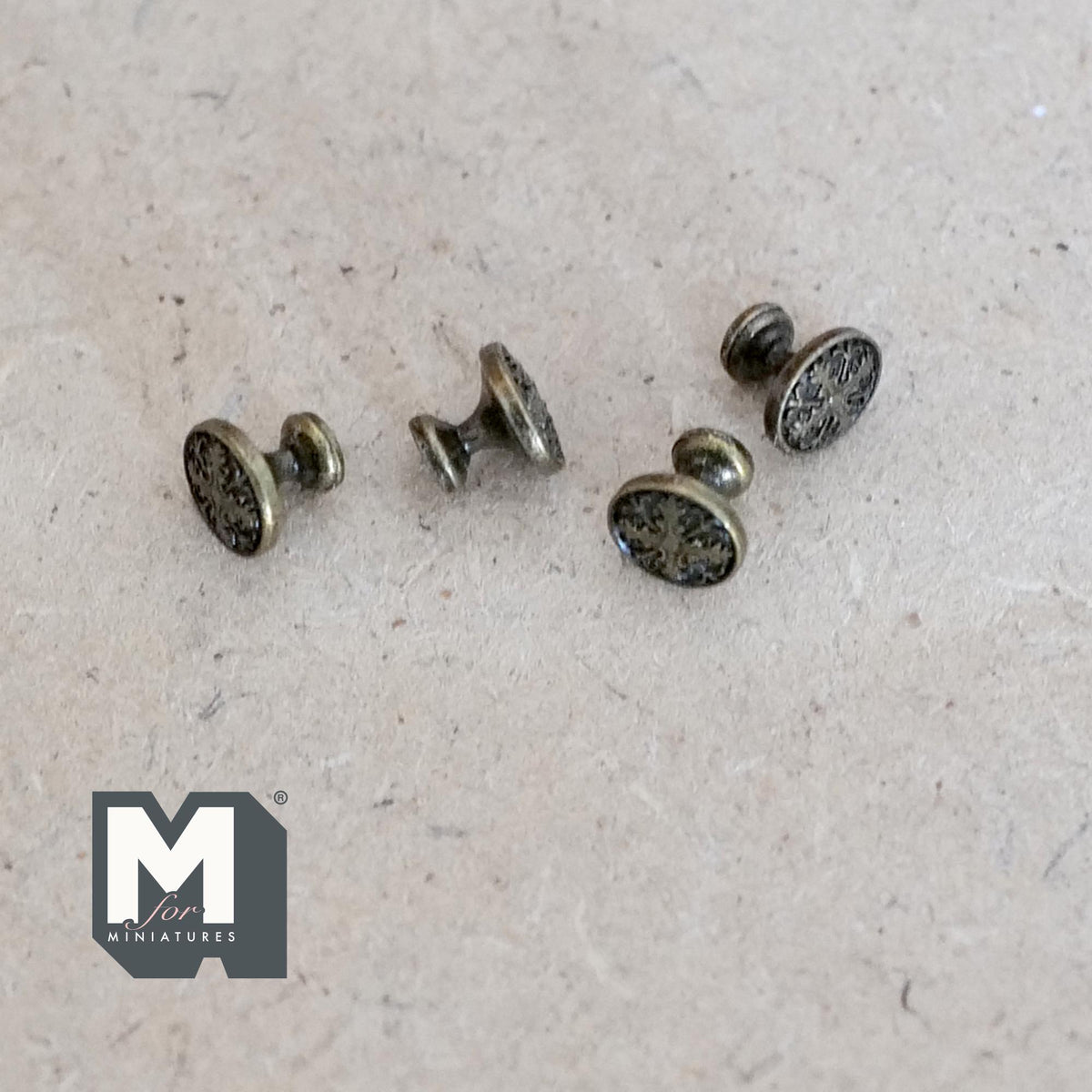 1:12 Scale Miniature Antique Bronze Matte Medallion Cabinet Knobs, Set of 4, 1/4 inch