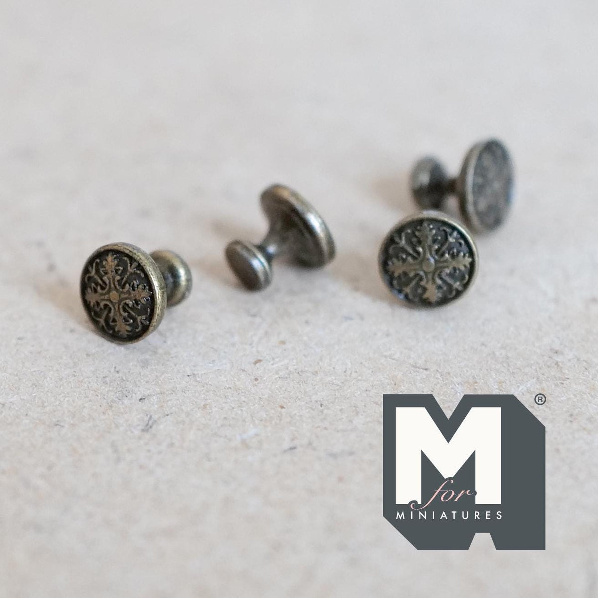 1:12 Scale Miniature Antique Bronze Matte Medallion Cabinet Knobs, Set of 4, 1/4 inch