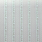 1:12 scale miniature floral vine stripe wallpaper in white and gray, vertical stripes of small flowers with dotted bands