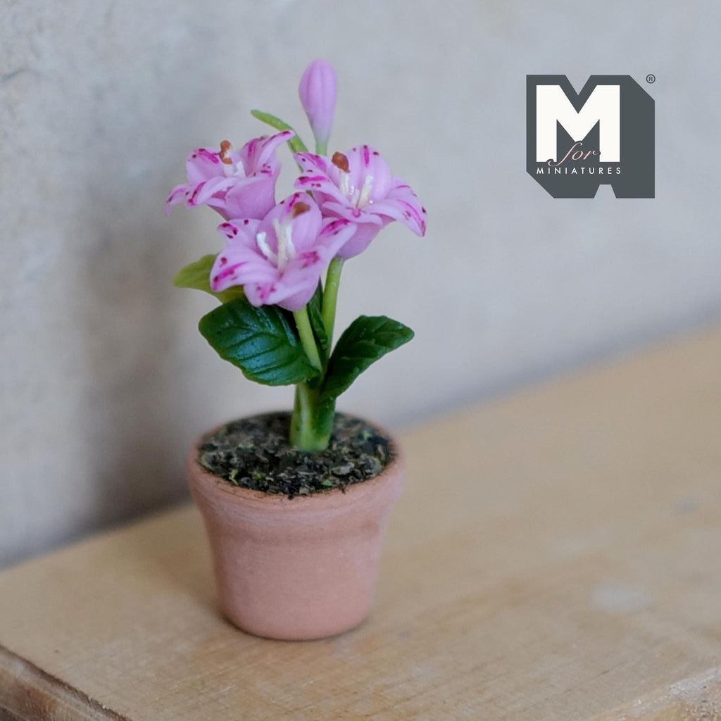 Miniature Clay Planter Pink Stargazer Lily 1:12 Scale Dollhouse Potted Foliage Miniature Flowers 1-3/8 inch tall - H031