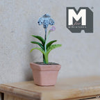 1:12 scale miniature potted blue spotted slipper orchid in a square clay pot with green leaves, on a wood dresser