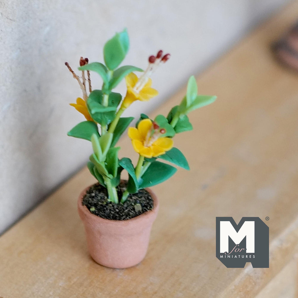Miniature Clay Planter Yellow Azalea 1:12 Scale Dollhouse Fairy Garden Terracotta Potted Flowers 1-3/4 inch tall - H031