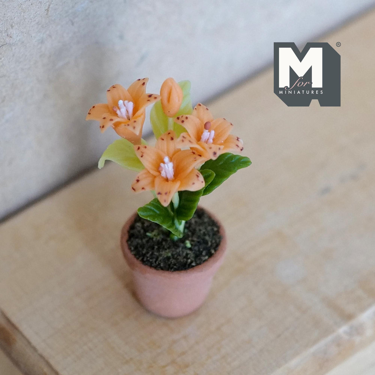 Miniature Clay Planter Orange Stargazer Lily 1:12 Scale Dollhouse Potted Foliage Miniature Flowers 1-7/16 inch tall - H031