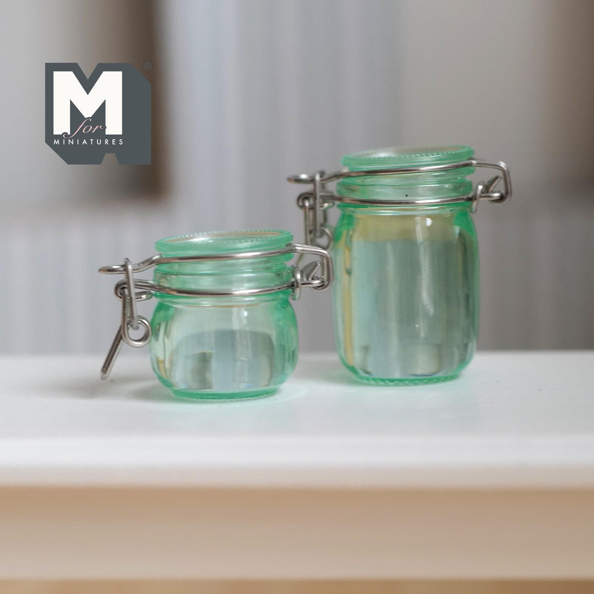 Miniature Storage Jars 1:12 Scale Dollhouse Kitchen Large Size Canisters with Clamp Lids Set of 2 (clear green) -  A025
