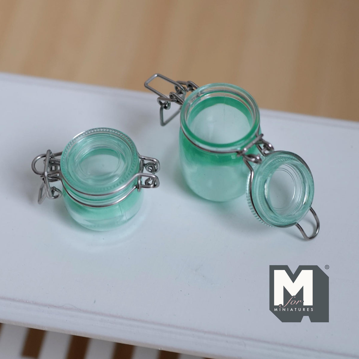 Miniature Storage Jars 1:12 Scale Dollhouse Kitchen Large Size Canisters with Clamp Lids Set of 2 (clear green) -  A025