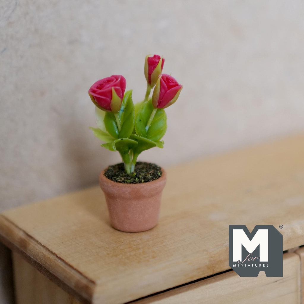 Miniature Clay Red Rose Planter Pot 1:12 Scale Dollhouse Fairy Garden Potted Flowers Miniature Flowers 1-5/16 inch tall - H032