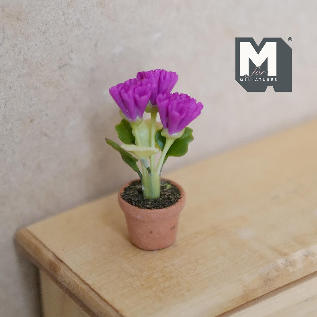 Miniature Clay Purple Carnation Flowers Planter Pot 1:12 Scale Dollhouse Fairy Garden Potted Flowers 1-7/16 inch tall - H031