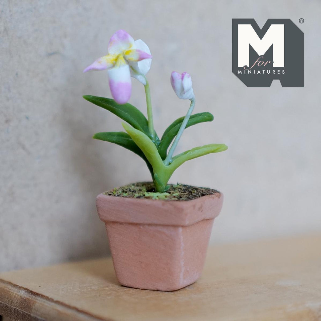1:12 Scale Miniature Clay Slipper Orchid Miniature Potted Flowers , Dollhouse Miniature Potted Flowers 1-5/8 inch tall (pink) - H033