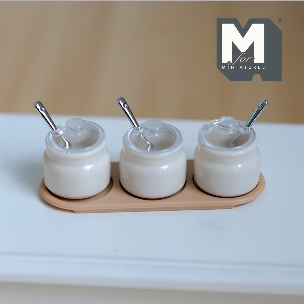 1:12 Scale Miniature Spice Jar Set with Tray | Dollhouse Kitchen Canisters | Sugar, Salt, Spice (beige) - E055