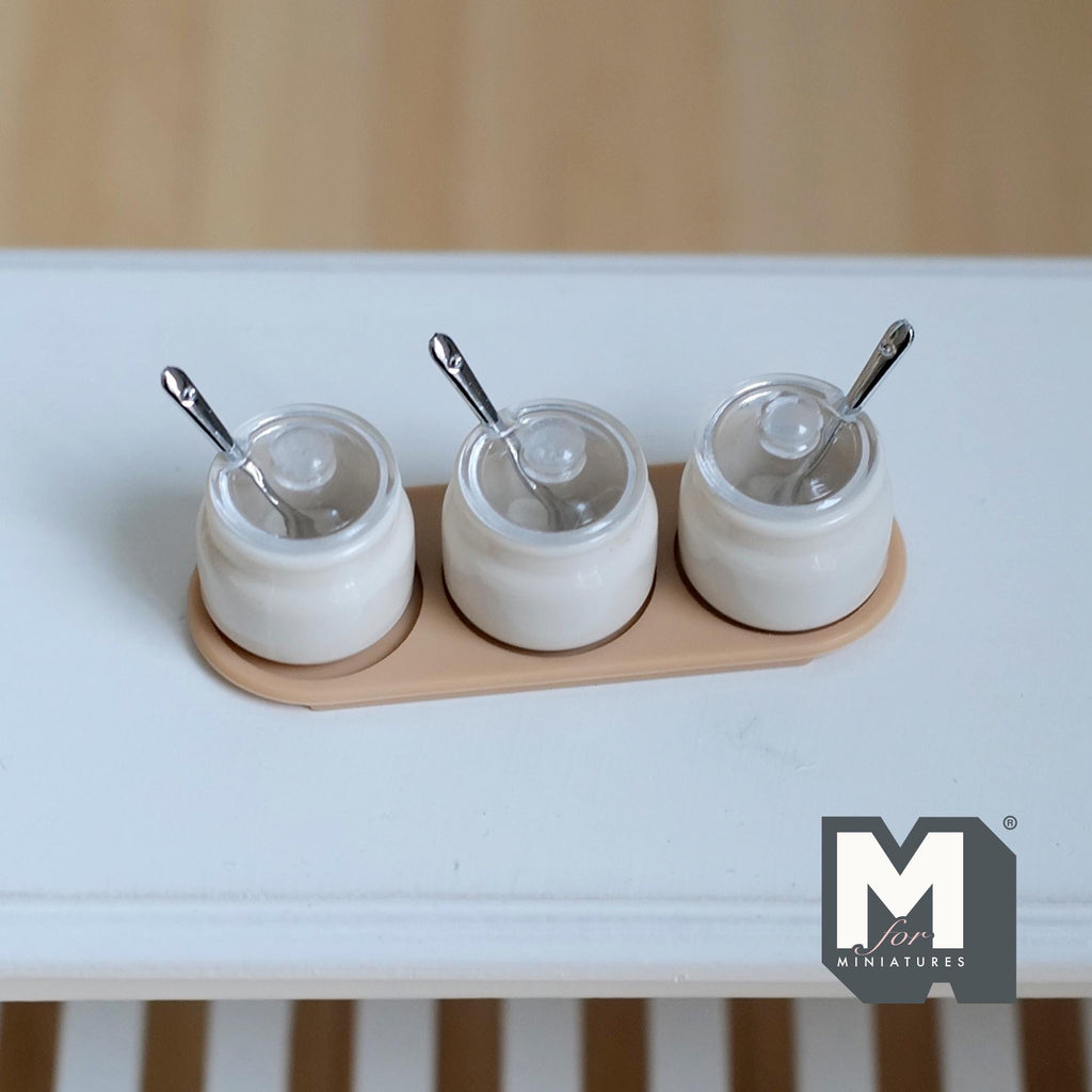 1:12 Scale Miniature Spice Jar Set with Tray | Dollhouse Kitchen Canisters | Sugar, Salt, Spice (beige) - E055
