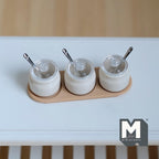 1:12 Scale Miniature Spice Jar Set with Tray | Dollhouse Kitchen Canisters | Sugar, Salt, Spice (beige) - E055