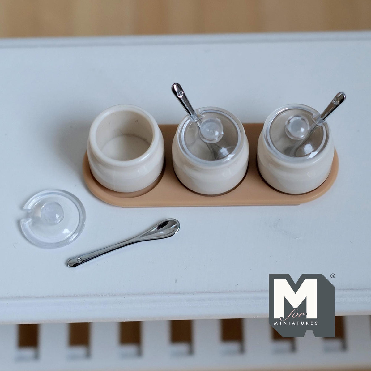 1:12 Scale Miniature Spice Jar Set with Tray | Dollhouse Kitchen Canisters | Sugar, Salt, Spice (beige) - E055