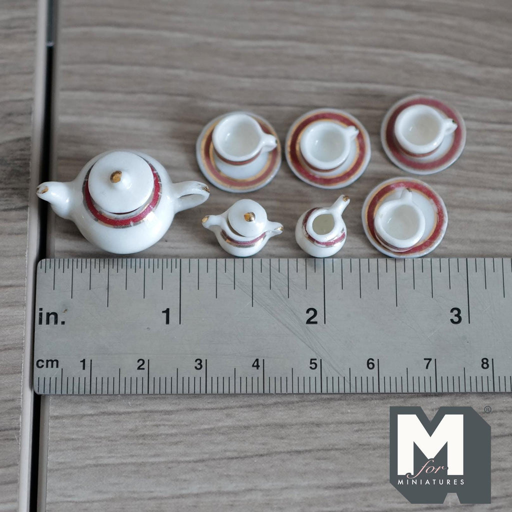 Miniature Ceramic Tea Set 1:12 Scale Dollhouse Kitchen Tableware Teapot 4 Cups and Saucers Milk Jug Sugar Pot 11 Piece Set (red) - A034