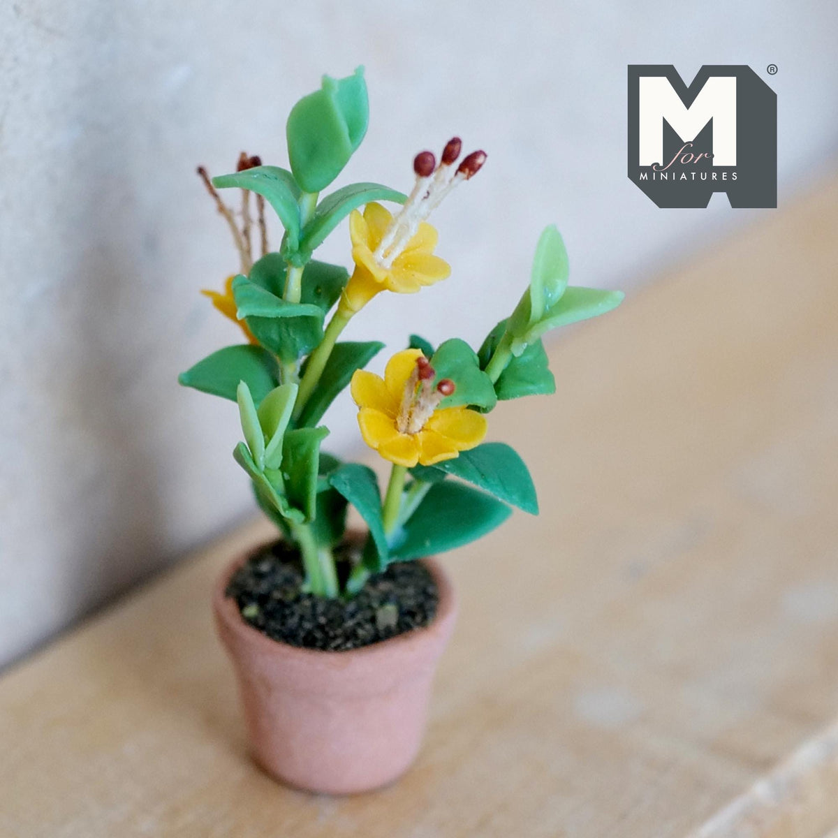 Miniature Clay Planter Yellow Azalea 1:12 Scale Dollhouse Fairy Garden Terracotta Potted Flowers 1-3/4 inch tall - H031